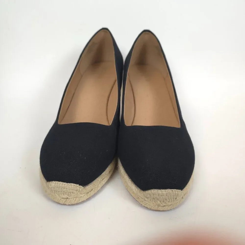J.Crew Espadrille Wedge Shoes Black Cream Canvas Rope Heel Womens Size 12